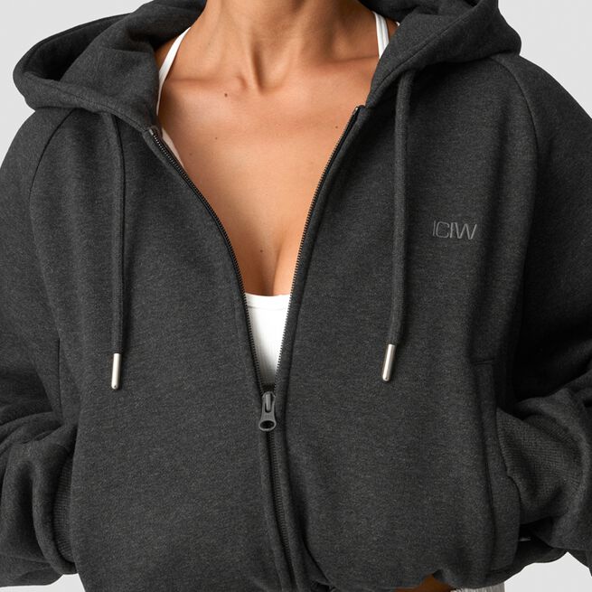 Everyday Cropped Zip Hoodie Wmn, Grey Melange