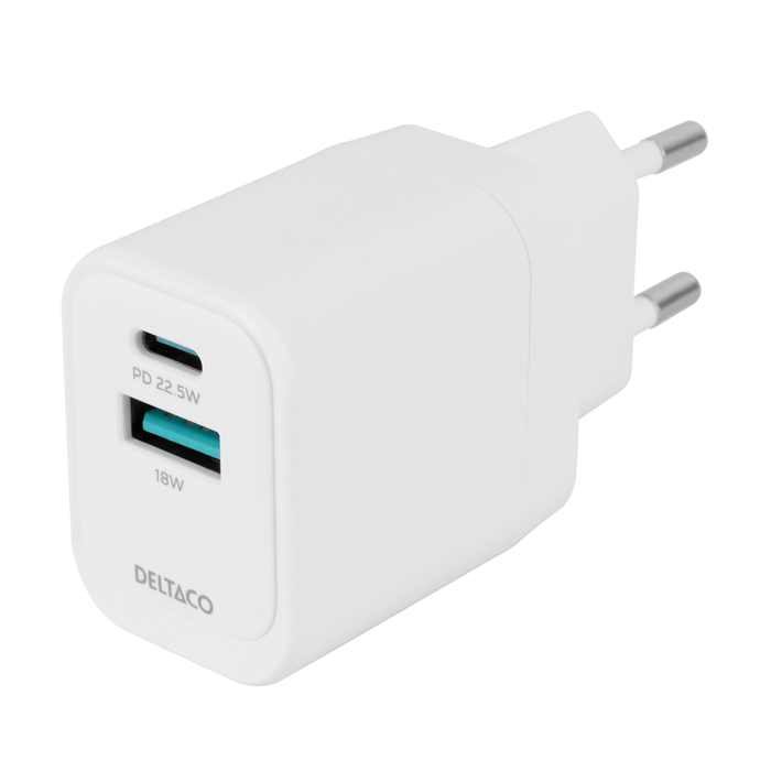 Vegglader USB-A 18 W og USB-C PD 20 W Hvit