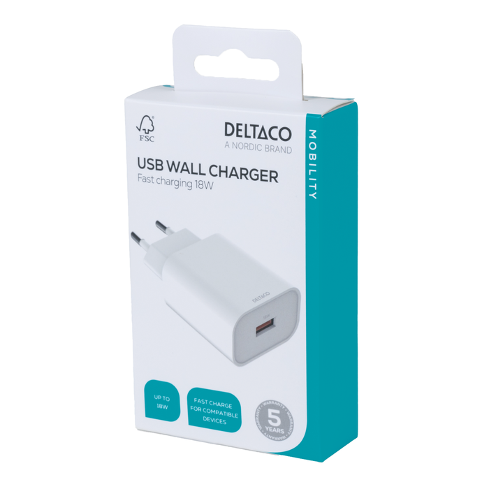 USB-A Vegglader Rask lading 18 W Hvit